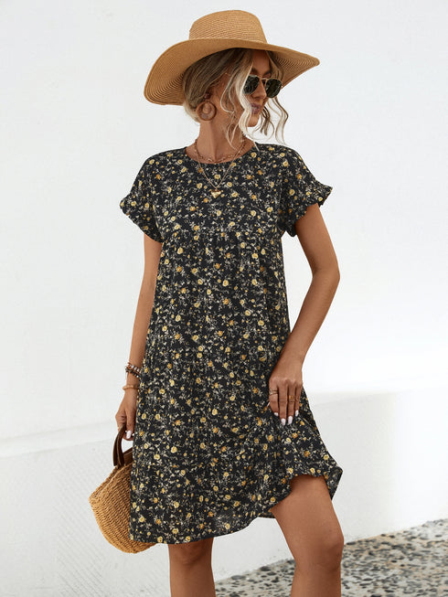 Frill Floral Round Neck Short Sleeve Tiered Dress - Odaingerous